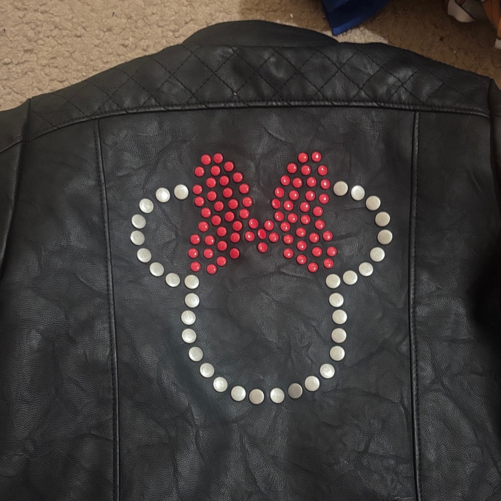 Girls Disney store Black faux leather jacket with red and silver accents